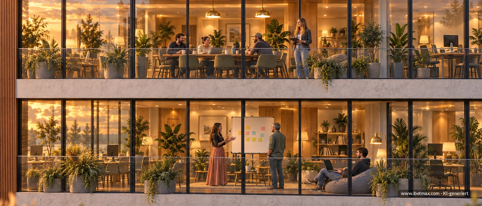 Blick von außen durch die Glasfront: Menschen arbeiten am Whiteboard, auf dem Sitzsack und an einem großen Holztisch (KI-generiert)